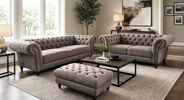 YORK CHESTEFIELD  3 SEATER , 2 SEATER AND STOOL MINK £999 (SWANSEA SUPERSTORE)