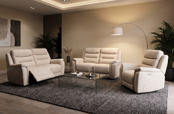 LONDON ELECTRIC RECLINER 3 SEATER, 2 SEATER AND CHAIR BEIGE £799 (SWANSEA SUPERSTORE)