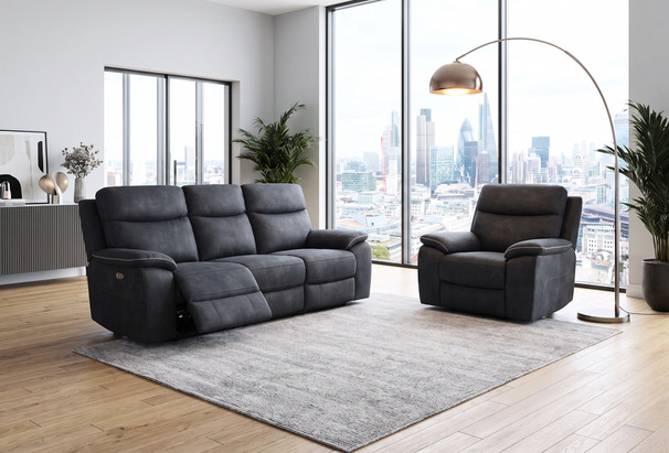 DAVENPORT ELECTRIC RECLINER 3 SEATER AND RECLINER CHAIR DARK GREY LIGHT PIPING £999 (SWANSEA SUPERSTORE)