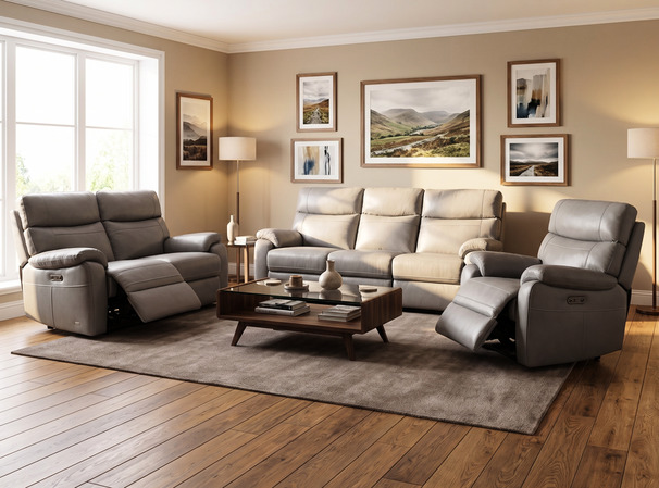PLYMOUTH ELECTRIC RECLINER 3 SEATER, 2 SEATER AND CHAIR GREY £1999 ( SWANSEA SUPERSTORE)